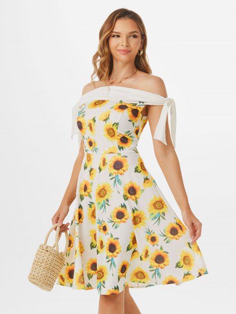 Summer Vacation Dress Sunflower Print Garden Party Dress Off Shoulder Tie Sleeve Mini Dress