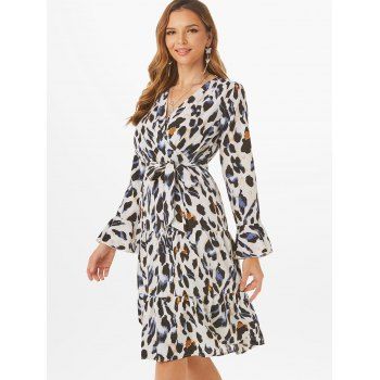 

Leopard Poet Sleeve Flounce Hem Belted Surplice Dress, White