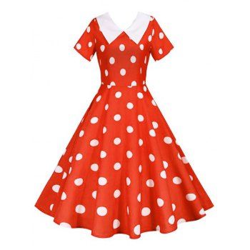 

Polka Dot Turn Down Collar Dress, Red