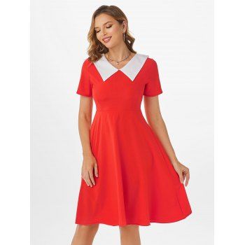 

Vintage Contrast Colorblock Turn Down Collar A Line Dress, Red