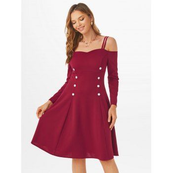 

Sailor Style Dress Cold Shoulder Dual Straps Mini Dress Mock Button Long Sleeve A Line Dress, Red