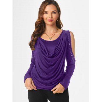 

Rhinestone Embellished Cold Shoulder Cowl Front T Shirt, Light purple