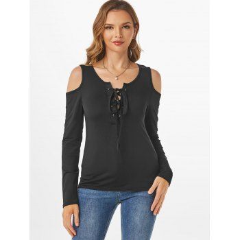 Lace Up Cold Shoulder T Shirt, Black