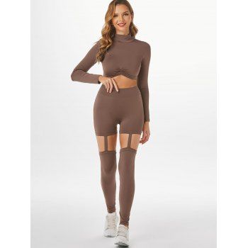 

High Collar Ruched Cut Out Leggings Set, Coffee