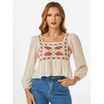 

Crochet Insert Square Neck Peplum Blouse, White