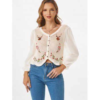 

Crochet Insert Elk Floral Embroidered Button Up Blouse, White