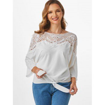 

Crochet Insert Batwing Sleeve Tied T Shirt, White