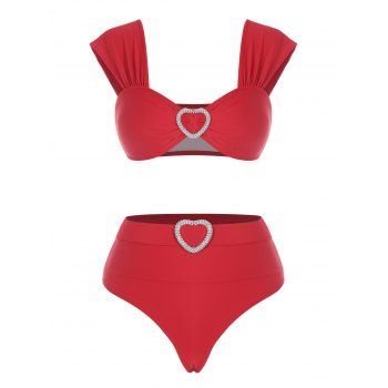 

Rhinestone Heart Belted High Cut Bikini Swimwear, Red