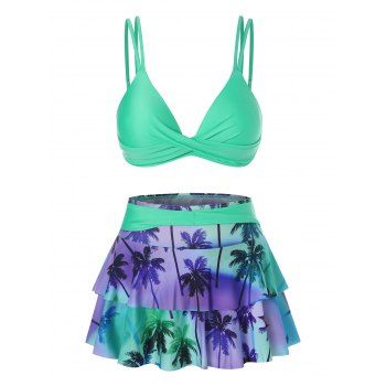 

Beach Bikini Swimwear Tropical Palm Swimsuit Twisted Flounce Layered Skort Summer Bathing Suit, Green