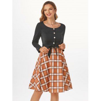 

Plaid Print A Line Dress Long Sleeve Mock Button Belted Knee Length Dress, Coffee