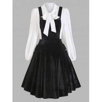 

Cross Velvet Flare Pinafore Dress and Pussy Bow Lantern Sleeve Blouse Set, Black