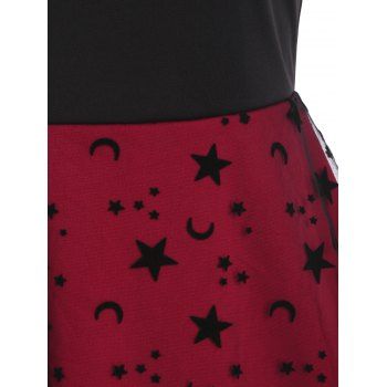 Vintage Mesh Flocked Moon Star Cutout Contrast Flare Tank Dress 