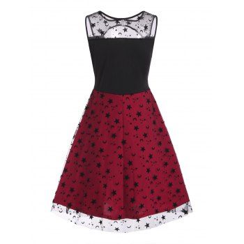 Vintage Mesh Flocked Moon Star Cutout Contrast Flare Tank Dress 