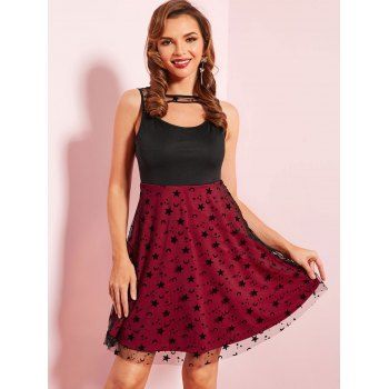 Vintage Mesh Flocked Moon Star Cutout Contrast Flare Tank Dress 