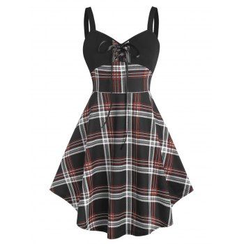 

Vintage Punk Plaid Checked Lace Up Retro High Rise Cami Dress, Black