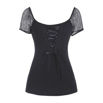 

Fishnet Insert Lace Up Raglan Sleeve T Shirt, Black