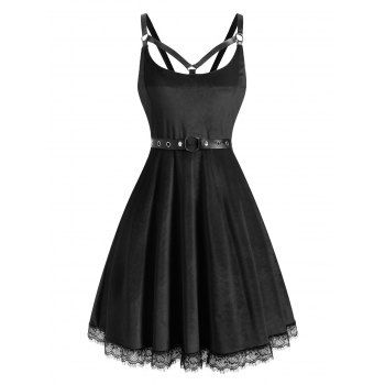 

Lace Hem Grommet Velvet Caged A Line Dress, Black