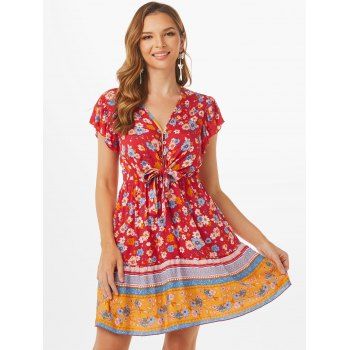 Floral Print Half Button Tied Dress, Red