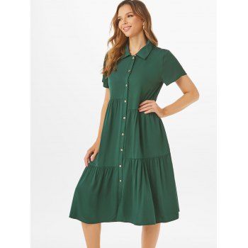 

Button Up Flounce Midi Tiered Shirt Dress, Green