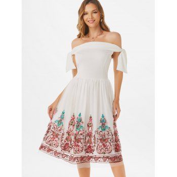 

Knotted Off Shoulder Floral Embroidered Mesh Overlay Dress, White