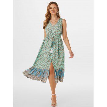 

Button Frint Bohemian Floral Drawstring Tassels Midi Dress, Multicolor