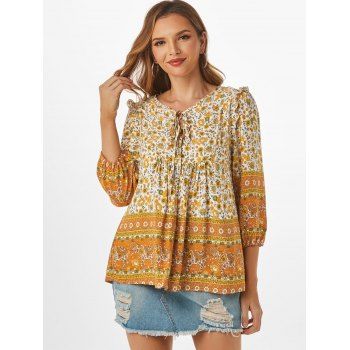 

Floral Tied Ruffle V Notched Blouse, Yellow