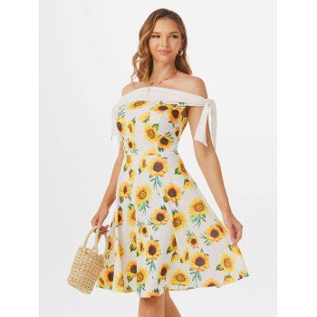 

Summer Vacation Dress Sunflower Print Garden Party Dress Off Shoulder Tie Sleeve Mini Dress, Yellow