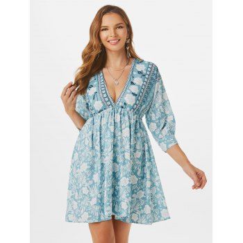 

Floral Print Plunging Batwing Sleeve Dress, Multicolor