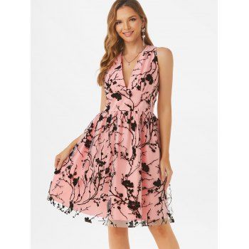 

Summer Elegant Mesh Overlay Floral Flocked A Line Party Dress, Light pink