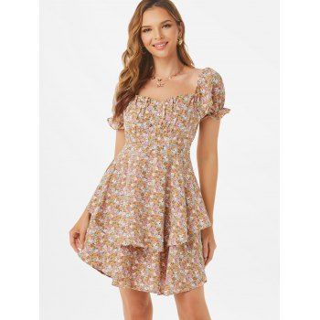 

Ditsy Floral Cottagecore Puff Sleeve Frilled Layered Mini Dress, Multicolor
