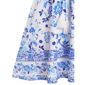 Drawstring Flower Print Tassel A Line Dress