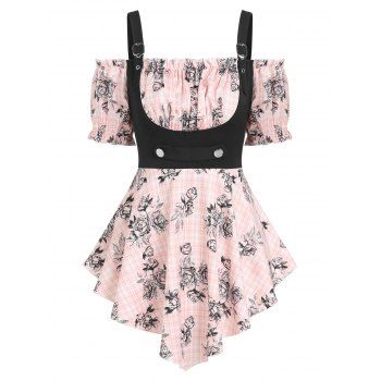 

Rose Plaid Print Cold Shoulder 2 in 1 Top, Light pink