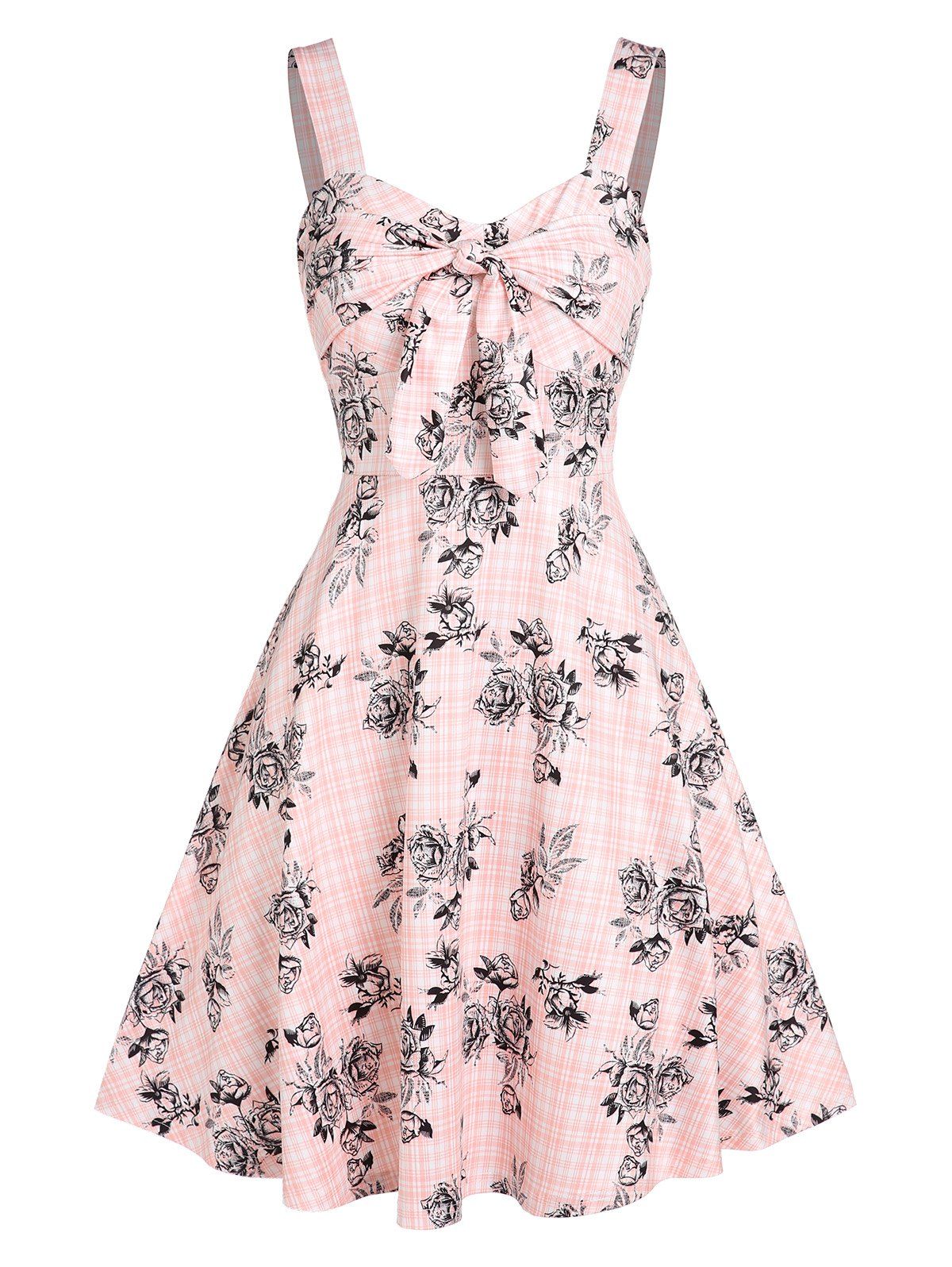 Vacation Sundress Rose Plaid Print Tie Knot Strap Summer A Line Dress - LIGHT PINK XL