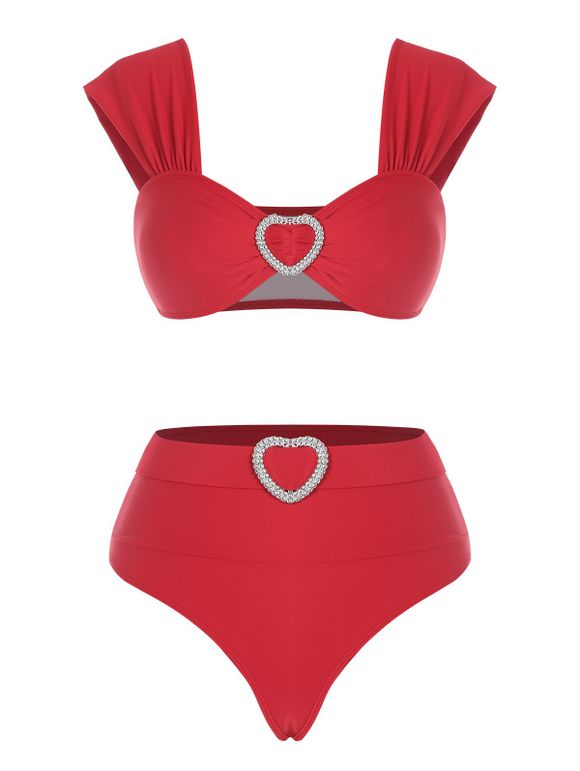 Maillot de Bain Bikini Ceinturé Cœur à Coupe Haute avec Strass - Rouge L