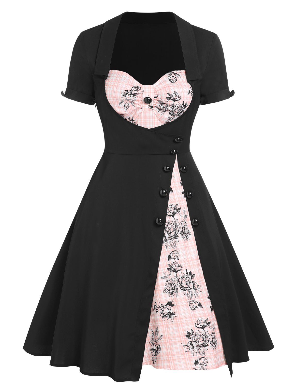 Floral Plaid Godet Panel 1950s Vintage Dress - BLACK XXXL