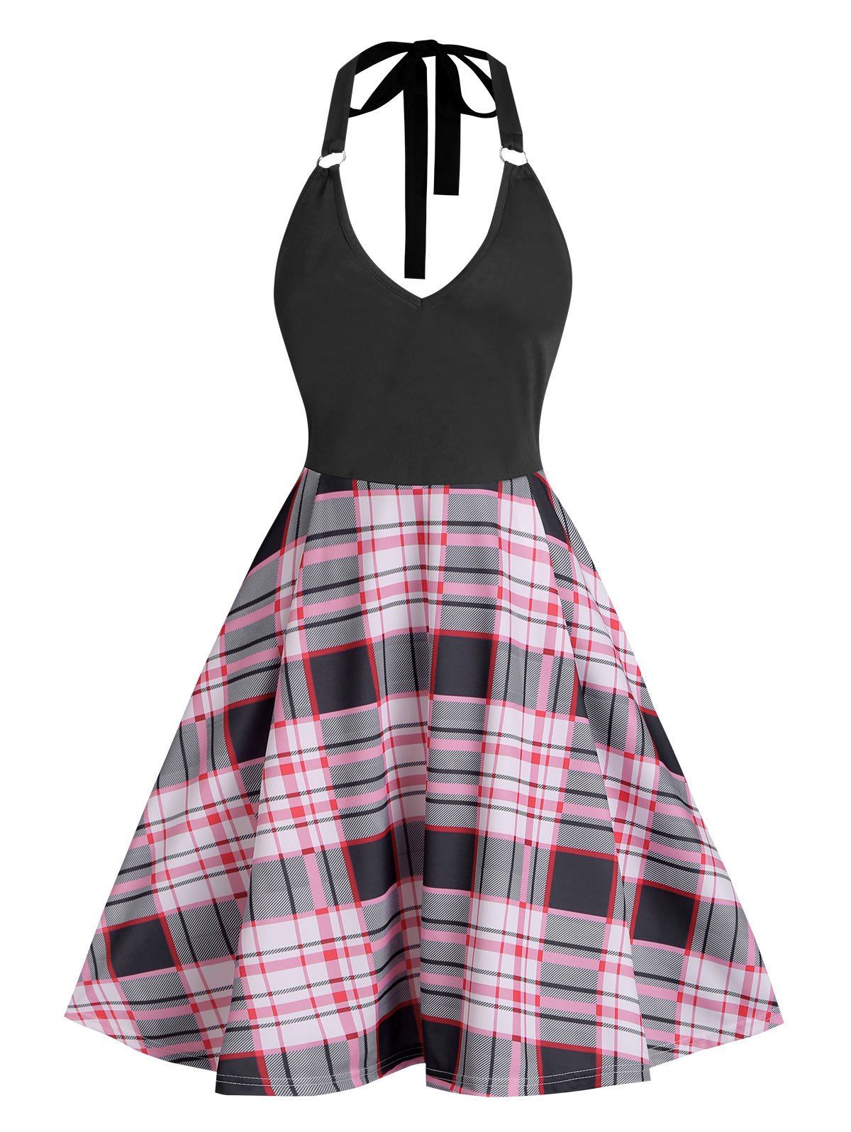 Vintage Plaid Checkered Print Mini Dress O Ring Halter Bowknot Backless Dress Contrast Flare Skater Dress - BLACK S