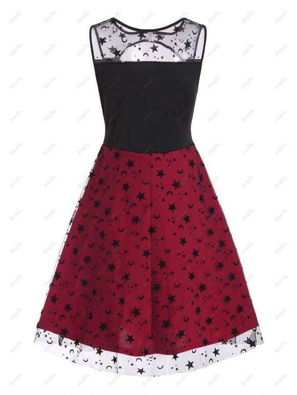 Robe Vintage Floquée Découpée Etoile Lune en Maille Insérée - Rouge S