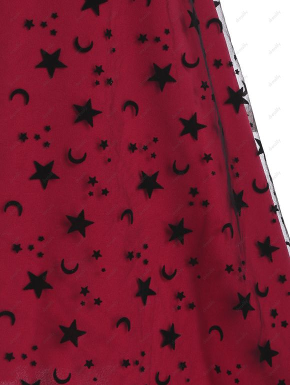 Robe Vintage Floquée Découpée Etoile Lune en Maille Insérée - Rouge S