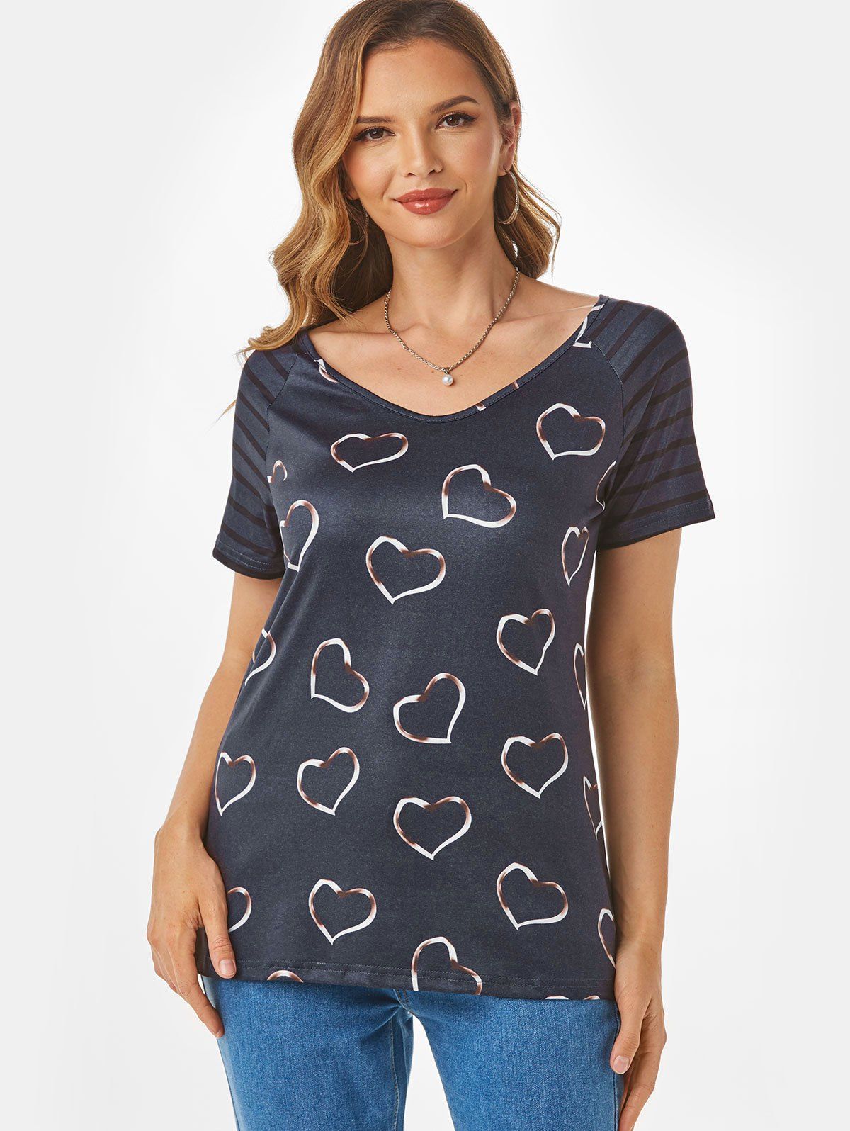 Heart Striped Raglan Sleeve T Shirt - BLACK 2XL