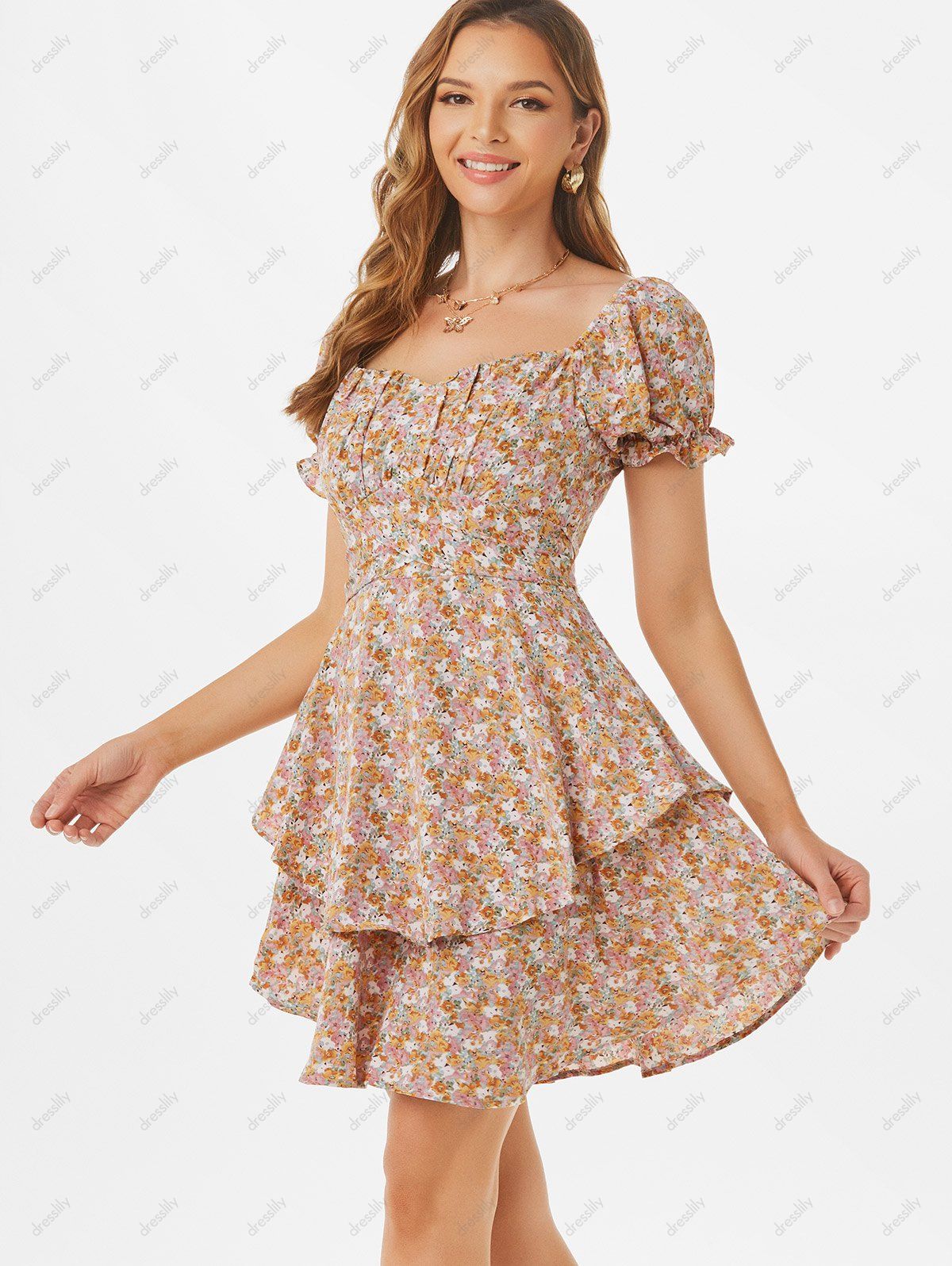 Ditsy Floral Cottagecore Puff Sleeve Frilled Layered Mini Dress 