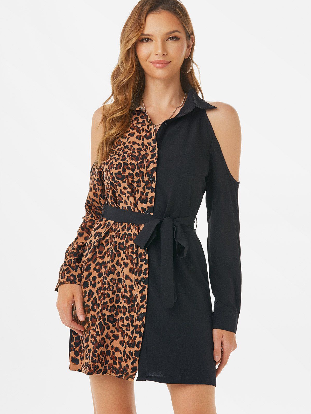 Leopard Cold Shoulder Belted Dress - multicolor L