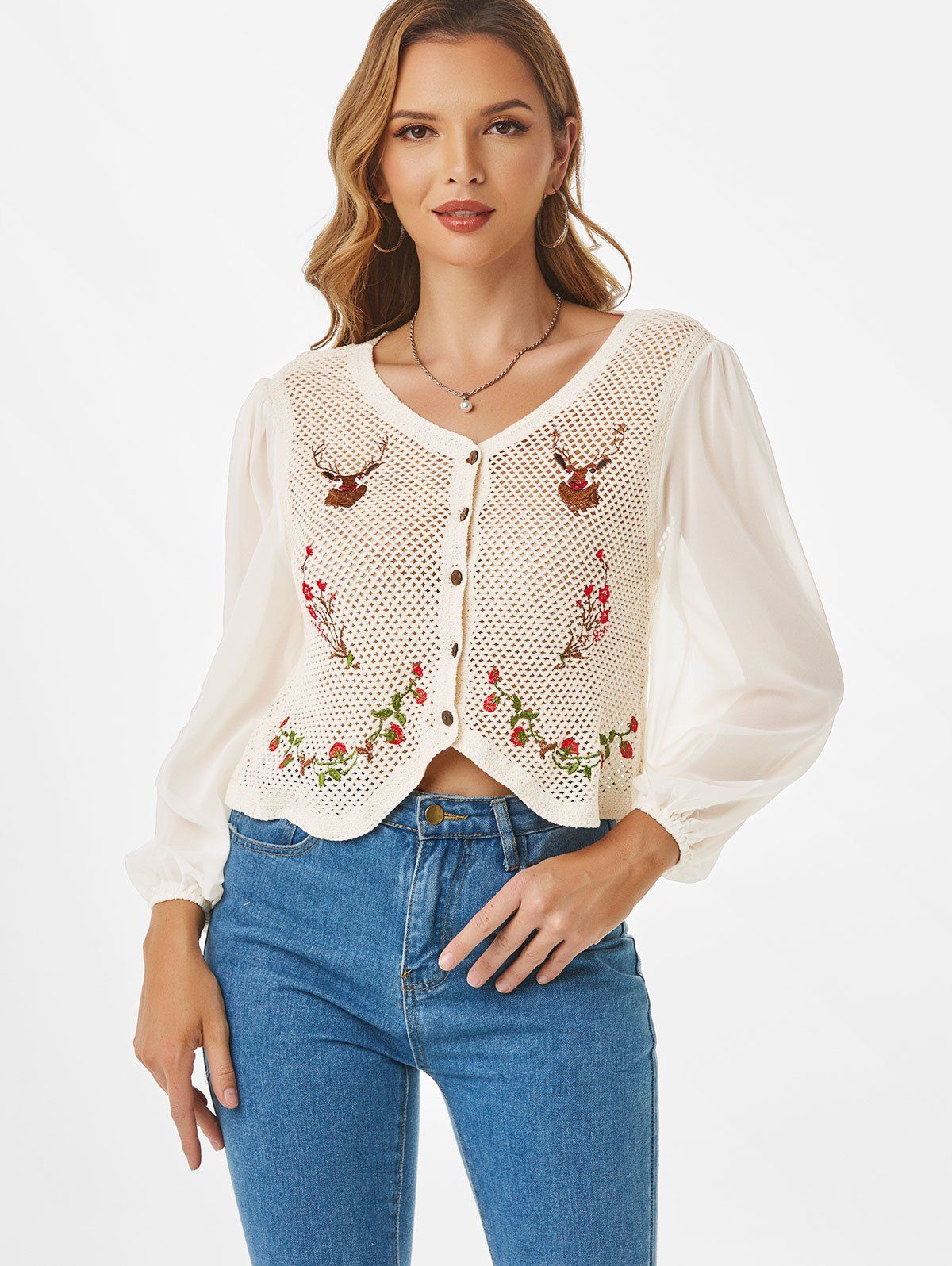 Crochet Insert Elk Floral Embroidered Button Up Blouse - WHITE S