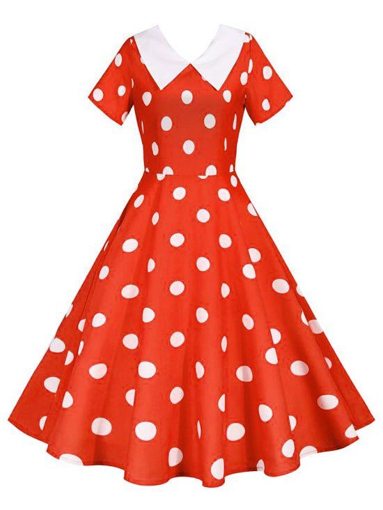 Polka Dot Turn Down Collar Dress - RED XL