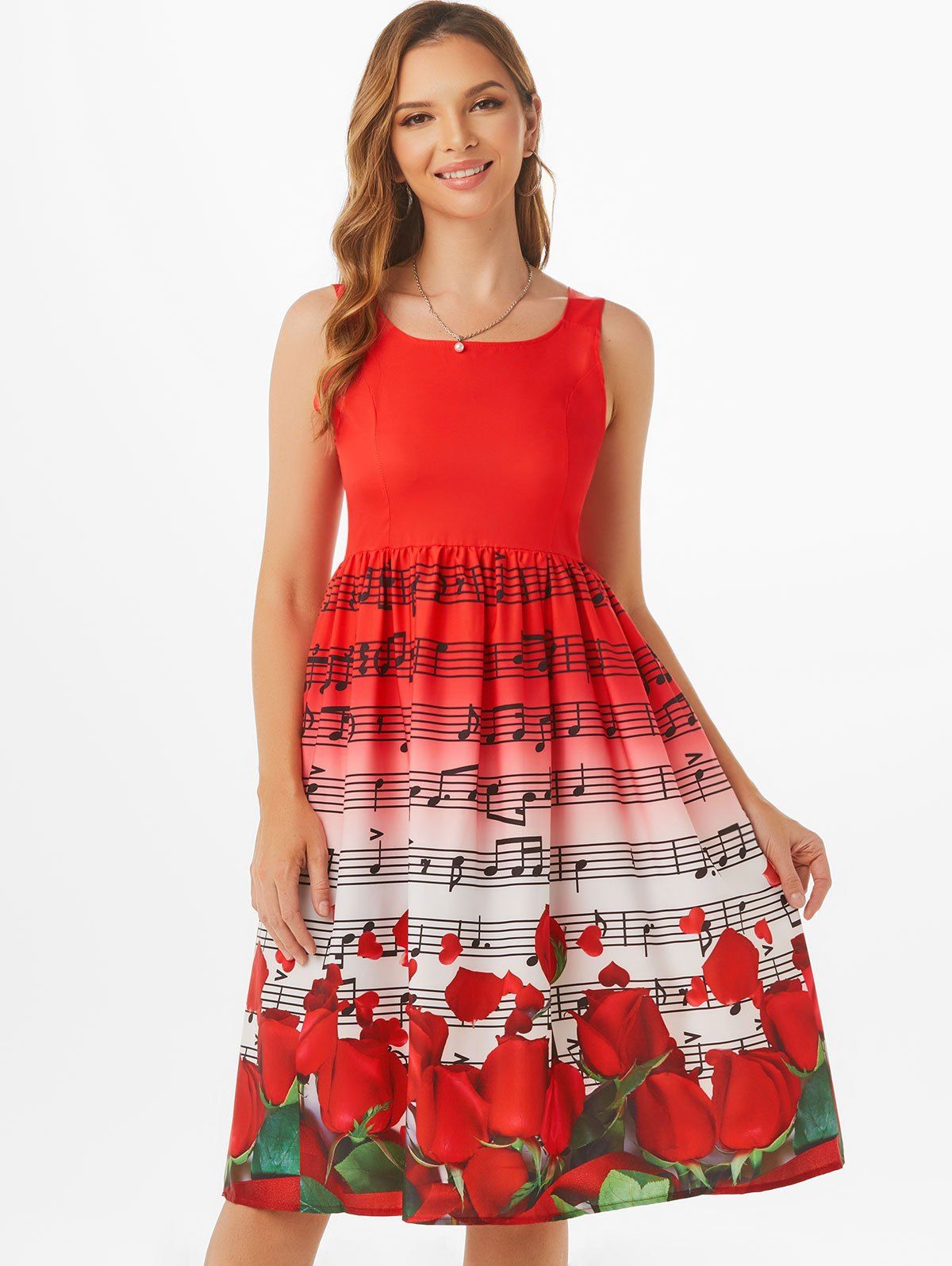 Musical Note Floral Heart Print Sleeveless Dress - multicolor M