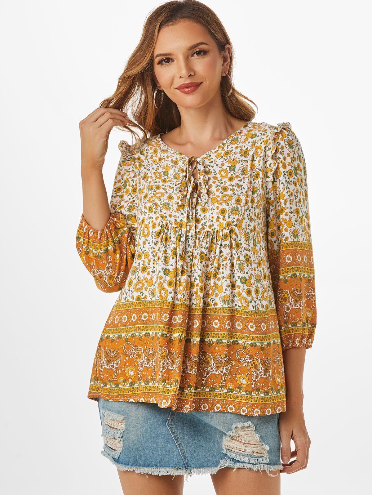 Floral Tied Ruffle V Notched Blouse - YELLOW XL