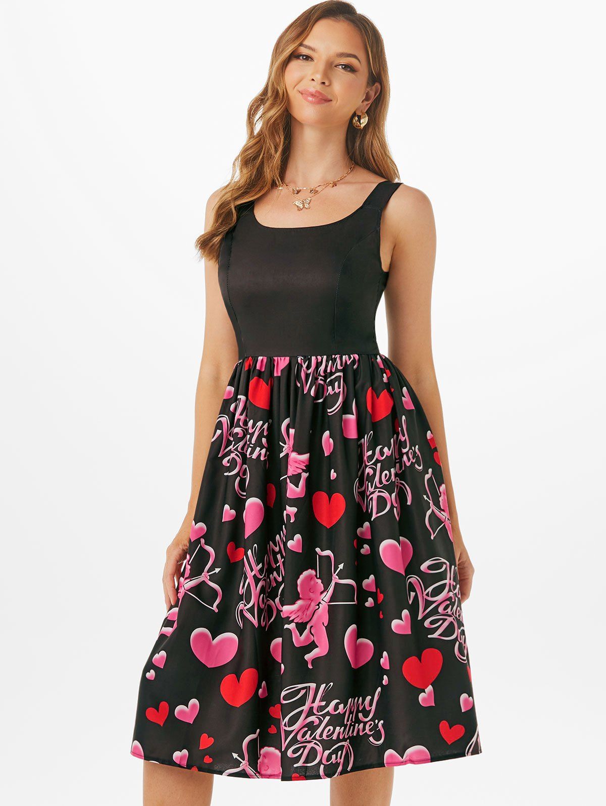 Heart Cupid Print Sleeveless Dress - multicolor S