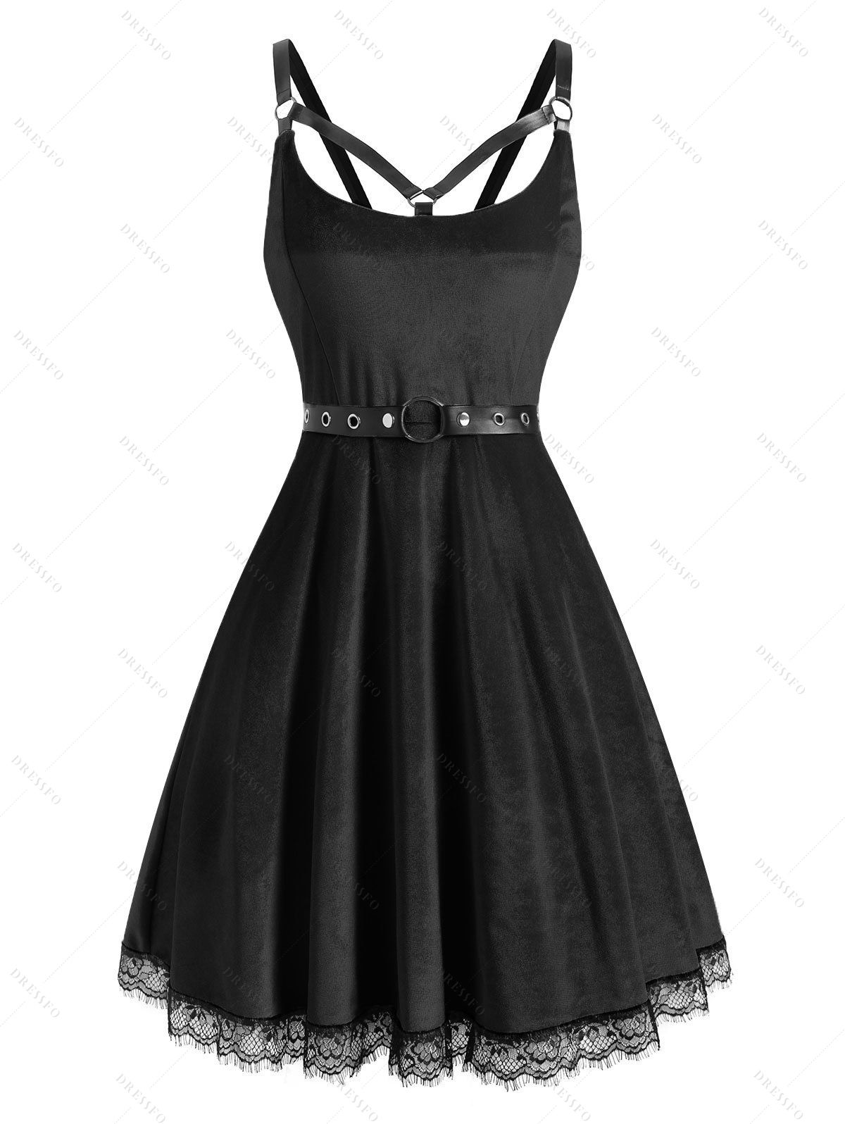 Lace Hem Grommet Velvet Caged A Line Dress - BLACK M