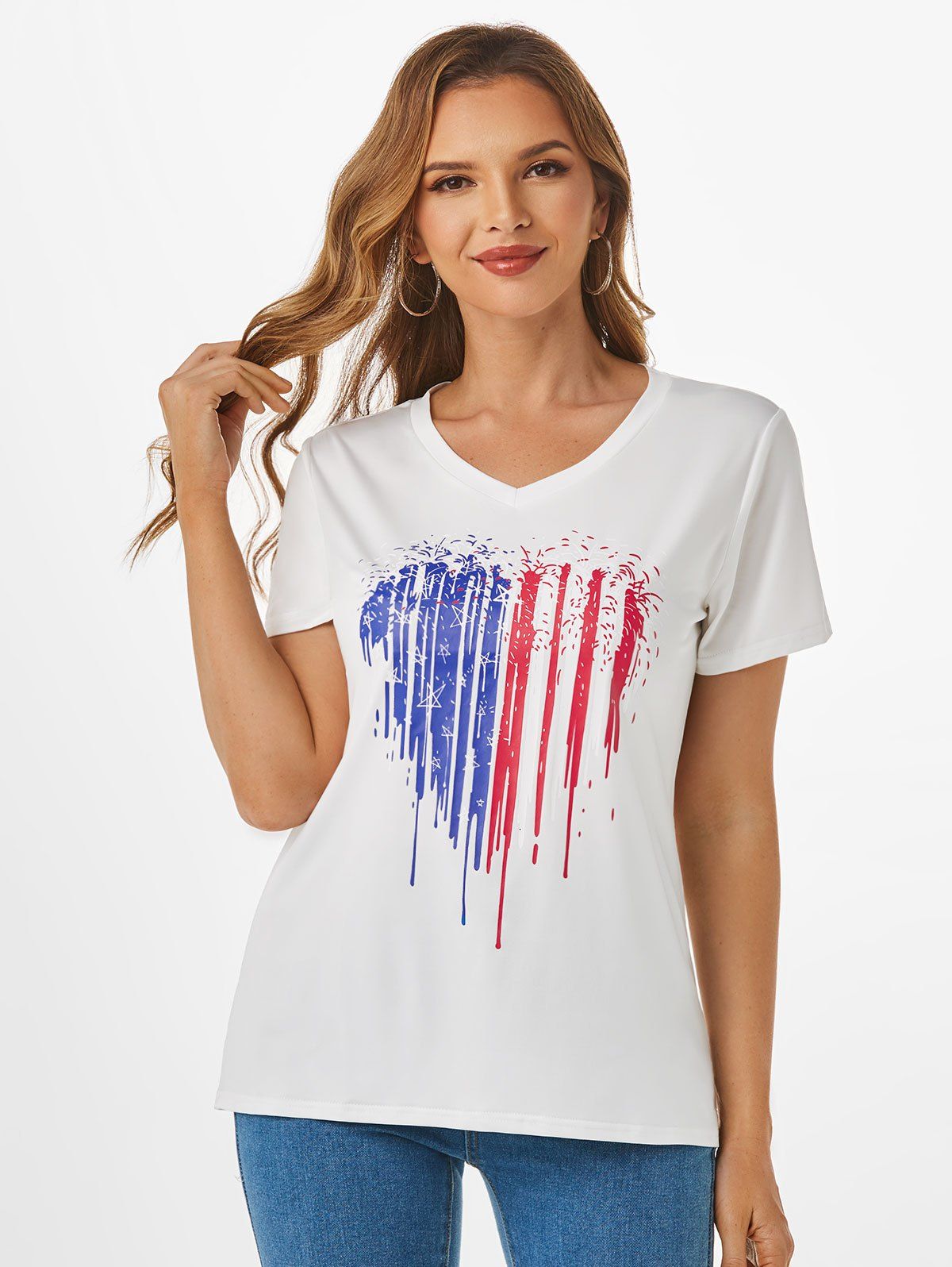 T-shirt à Imprimé Etoile et Cœur à Col V - multicolor XL