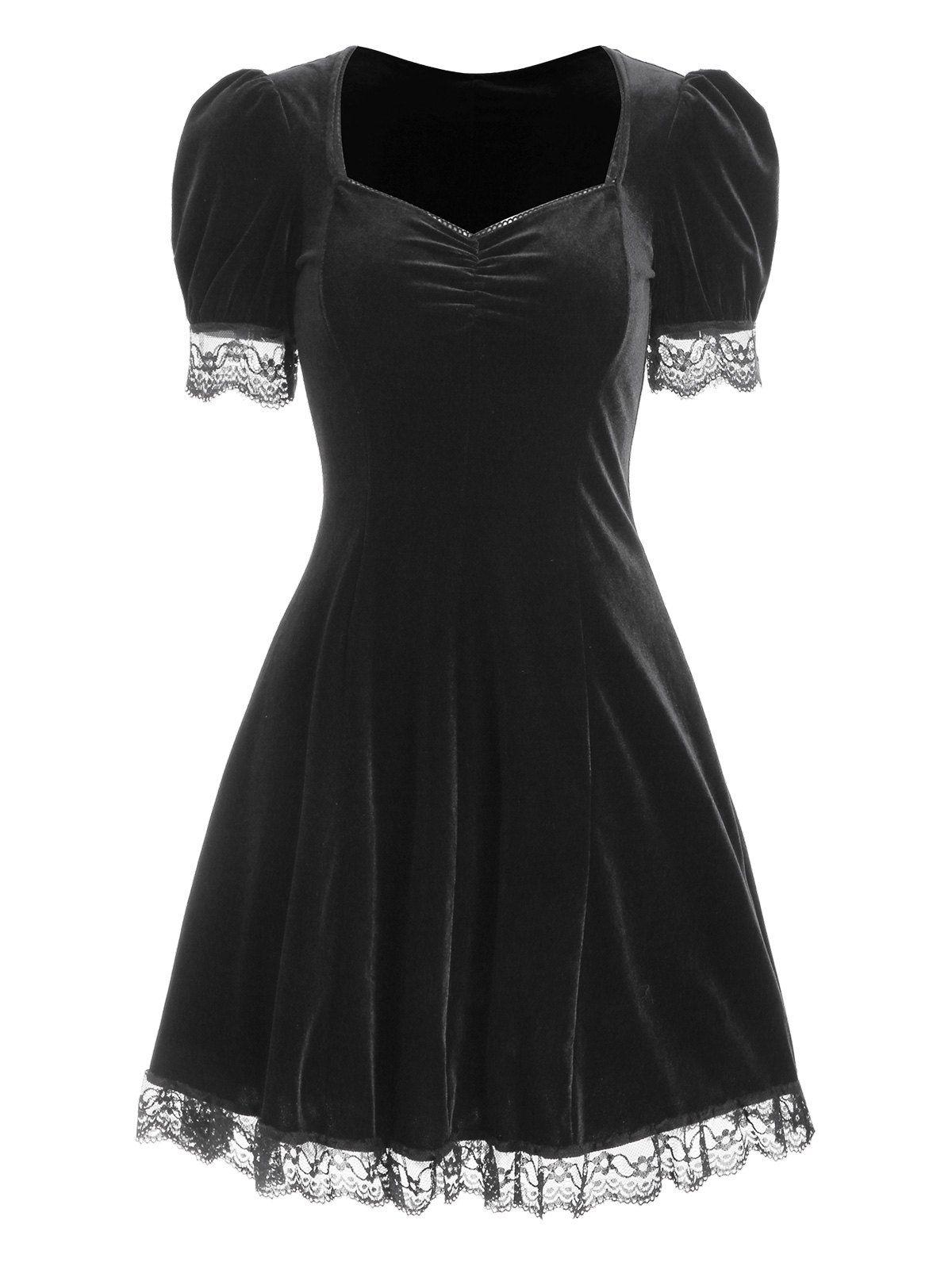 Puff Sleeve Lace Trim Velvet A Line Dress - BLACK L