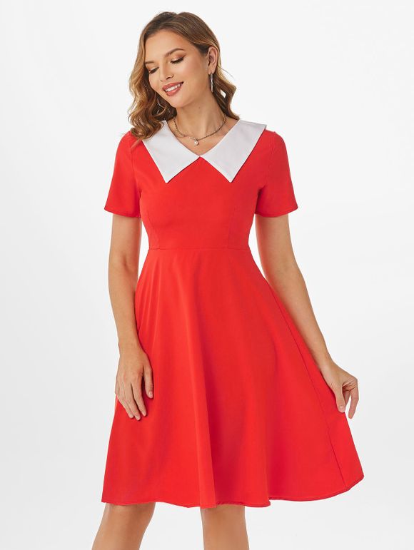 Vintage Contrast Colorblock Turn Down Collar A Line Dress - RED M